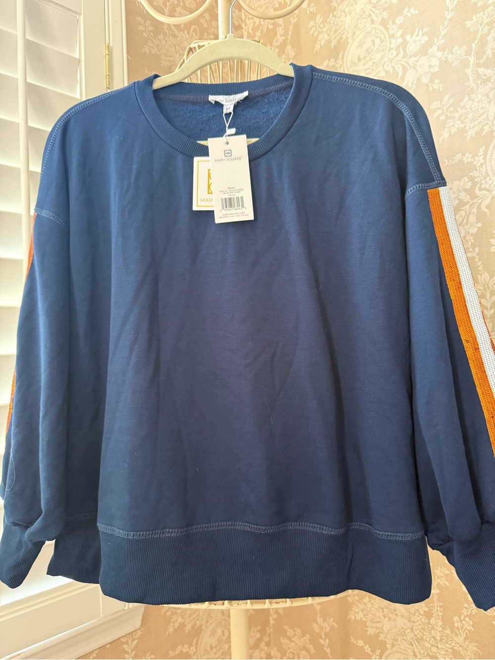 Mary Square Navy Crewneck Sweatshirt with sequin Orange & White Sleeve Stripes